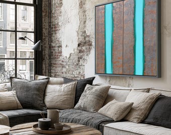 Turquoise Rusty Iron Abstract Painting A148 Textured Diptych Wall Art by Ksavera