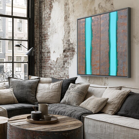 Turquoise Rusty Iron Abstract Painting A148 Textured Diptych Wall Art by Ksavera