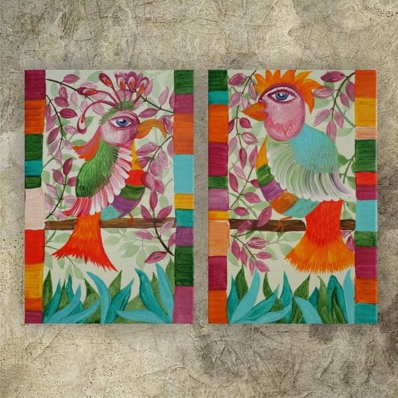 2 small paintings folk bird of paradise painting Original acrylic on canvas Ready to ship by Ksavera weddings gift ideas for her decor