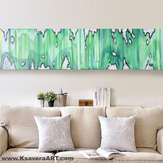 green abstract art long paintings acrylic on stretched canvas diptych modern wall art A145 by artist Ksavera