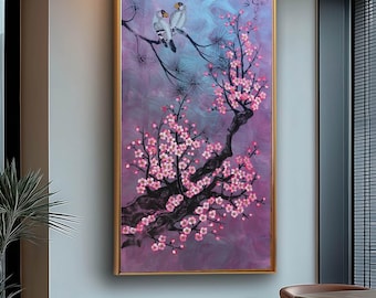 Love Birds and Sakura J503 — purple pearlescent Japanese Painting | Large Acrylic on Canvas | Ksavera