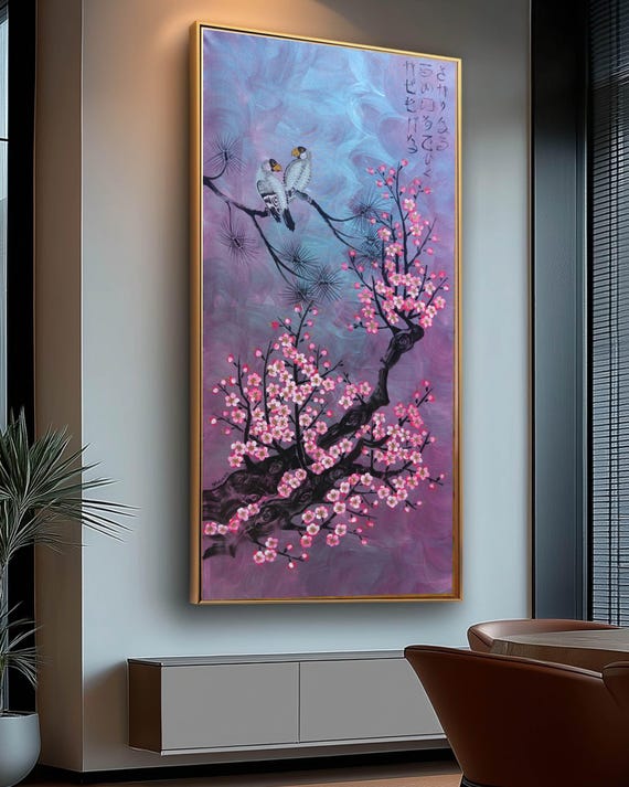 Love Birds and Sakura J503 — purple pearlescent Japanese Painting | Large Acrylic on Canvas | Ksavera