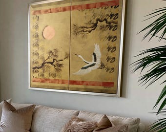 Díptico japonés de grulla y sol J118 con arte mural acrílico Japandi dorado de Ksavera