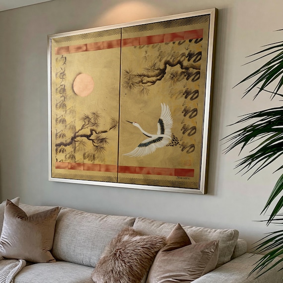 Crane and Sun Canvas Art J118 Japanese japandi gold Diptych by Ksavera