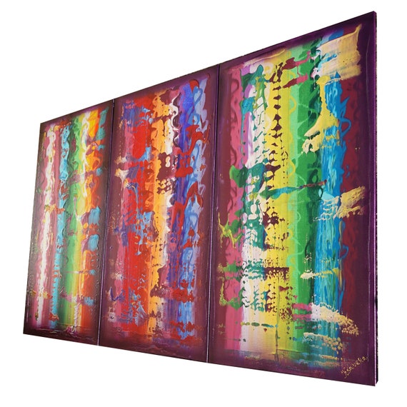 Rainbow purple triptych - abstract paintings A832- acrylic paintings by artist Ksavera