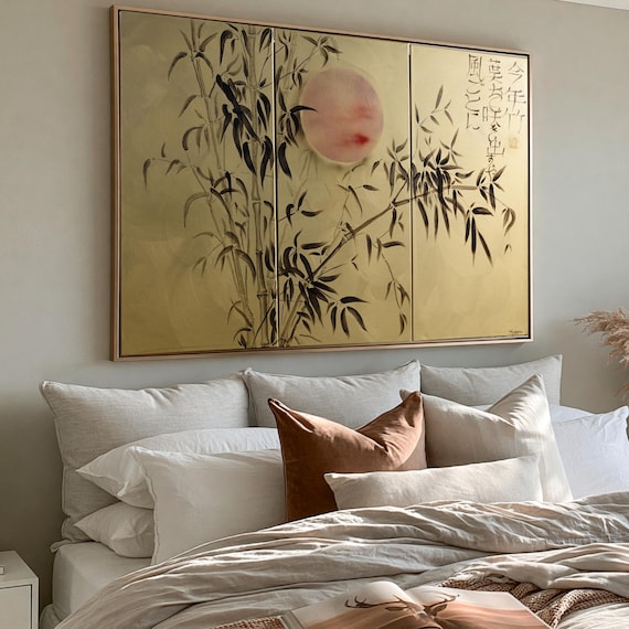 Japanese bamboo J204 - large gold triptych, original art, japanese style paintings by Ksavera