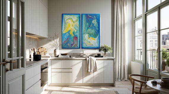 Blue Metallic Abstract Diptych Painting A1068 Original Acrylic Art by Ksavera