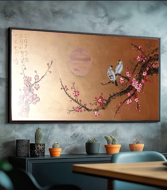 Japanese birds J419 | Modern original Wall Art | bronze Original Canvas | Contemporary Home Decor | Ksavera