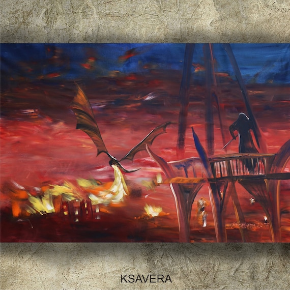 Dragon Smaug attacks Lake-town S053 Large impressionism acrylic painting on unstretched canvas art by artist Ksavera