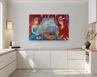 Urban Lifestyle Canvas Art F162 Ladies in Paris Tryptych Acrylic Set by Ksavera