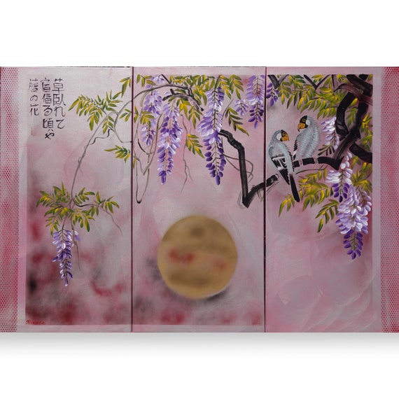 Wisteria  and love birds - Japanese style painting J241 Japan art Large acrylic paintings silver wall art by artist Ksavera