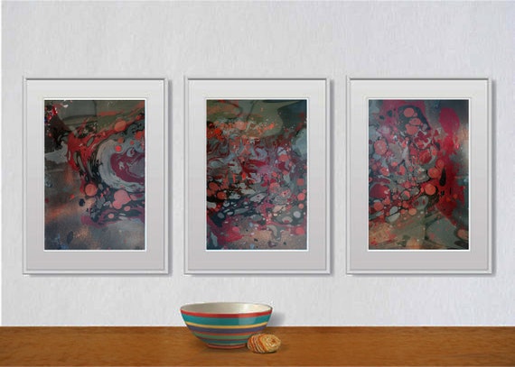 Set of 3 Fluid abstract original paintings on paper A4 - 18J035