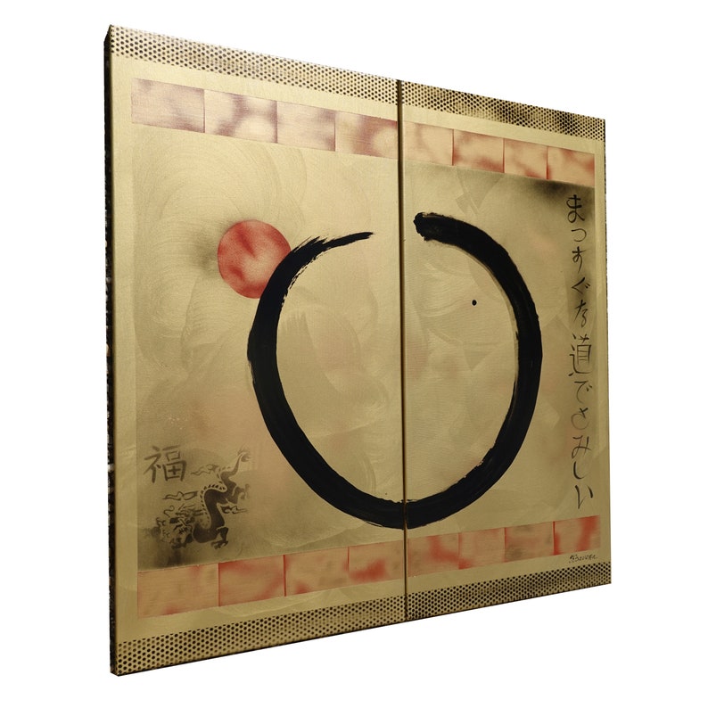 PRONTO PER LA SPEDIZIONE Zen Enso Sun Japan Golden Originals Pittura Arte giapponese J223 Japonism Wall Art Dittico dell'artista Ksavera immagine 1