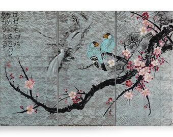 Japan art cherry blossom and love birds Japanese style silver painting J168 large wall art by artist Ksavera