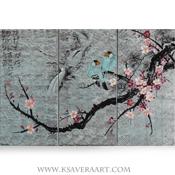 Japan art cherry blossom and love birds Japanese style silver painting J168 large wall art by artist Ksavera