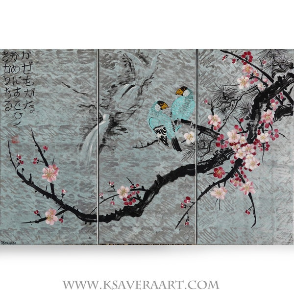 Art du Japon, fleur de cerisier et oiseaux d'amour, style japonais, peinture à l'argent, J168, grand art mural, par l'artiste Ksavera
