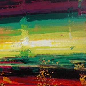 The image is a vibrant abstract painting with bold, colorful brushstrokes in shades of green, yellow, red, and purple. The painting appears to be a dynamic and energetic composition, with a sense of movement and energy.