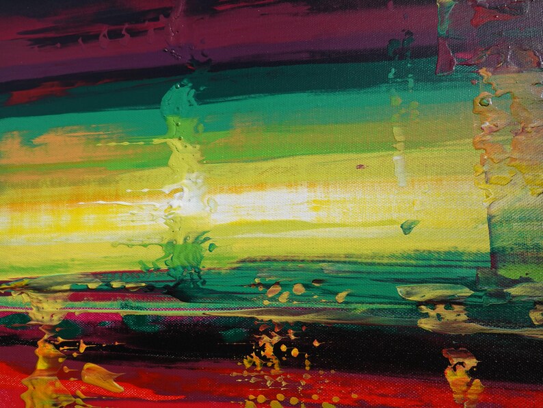 The image is a vibrant abstract painting with bold, colorful brushstrokes in shades of green, yellow, red, and purple. The painting appears to be a dynamic and energetic composition, with a sense of movement and energy.