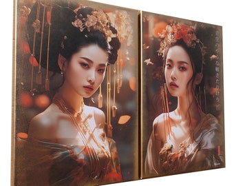 Japanese gold geisha DS0662 by artist Ksavera - set of 2 giclee prints on stretched canvas, black or gold edges. READY to HANG - diptych