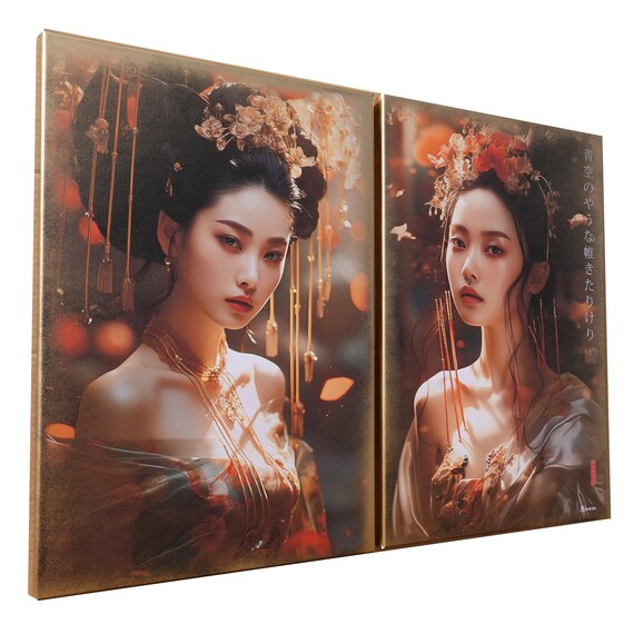 Japanese gold geisha DS0662 by artist Ksavera - set of 2 giclee prints on stretched canvas, black or gold edges. READY to HANG - diptych