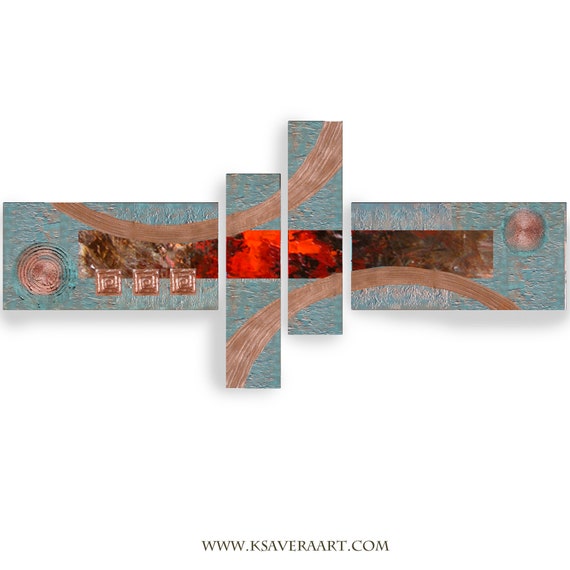 Copper patina red Abstract Set 4 piece paintings modern art A2011/20 Abstract textured Painting Acrylic Contemporary Art by artist Ksavera