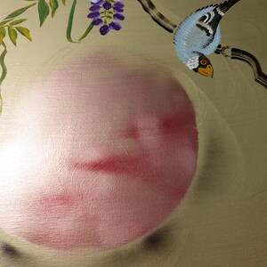a painting of a bird and flowers, with a large pink circle in the foreground.