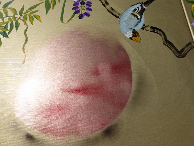 a painting of a bird and flowers, with a large pink circle in the foreground.
