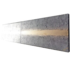 The image is a long, rectangular piece of art with a textured surface, featuring a horizontal line running through it.