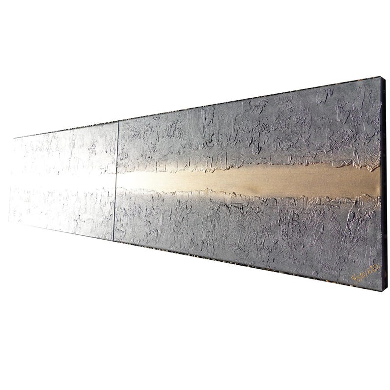 The image is a long, rectangular piece of art with a textured surface, featuring a horizontal line running through it.
