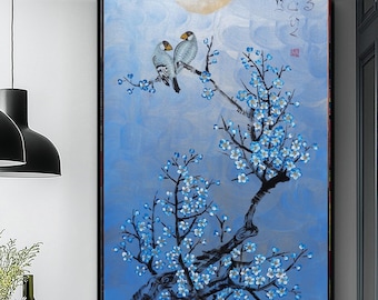 Japanese Birds J523 | Original Acrylic Painting on Large Canvas | Blau Contemporary Wall Art by Ksavera