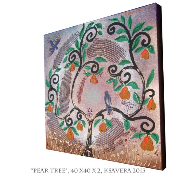 Painting on Canvas Love birds nest Pear Tree of life Art Blossom Landscape impasto Woodland Enchanted Forest flowers Floral family