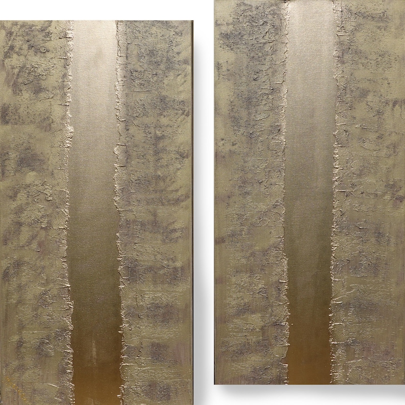 two abstract paintings with a textured, metallic appearance. The paintings are vertical in nature, with a thin, horizontal line running through the center, creating a sense of balance and symmetry. The overall color palette is muted, with shades of brown and gray dominating the composition.