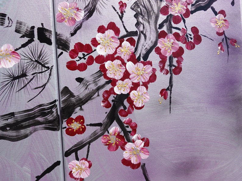May include: A painting of a pink and red cherry blossom branch with black brushstrokes on a purple background.