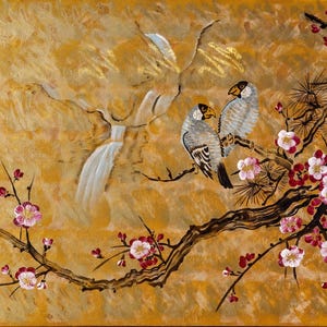 The image is a painting depicting two birds perched on a branch adorned with pink and white flowers. The background is a golden color, creating a warm and inviting atmosphere.