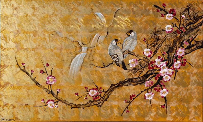 The image is a painting depicting two birds perched on a branch adorned with pink and white flowers. The background is a golden color, creating a warm and inviting atmosphere.