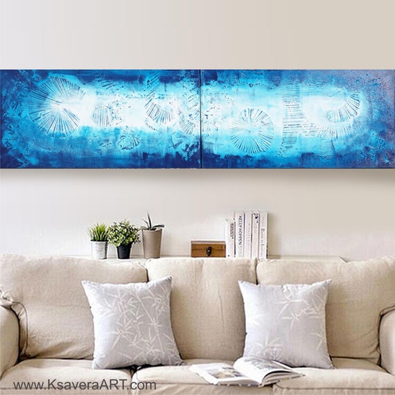 Long Blue painting Ocean 57 50x200x2cm turquoise original abstract art Large paintings acrylic on canvas modern wall art by artist Ksavera