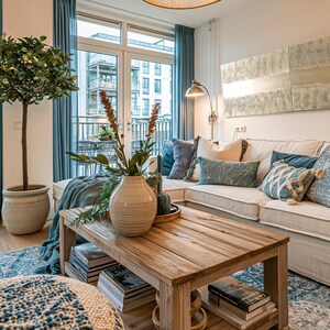 a cozy and well-decorated living room with a large window, a comfortable sofa, a wooden coffee table, and various decorative elements such as a potted plant, a vase, and a painting on the wall.
