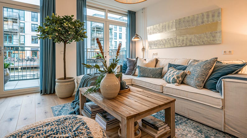 a cozy and well-decorated living room with a large window, a comfortable sofa, a wooden coffee table, and various decorative elements such as a potted plant, a vase, and a painting on the wall.