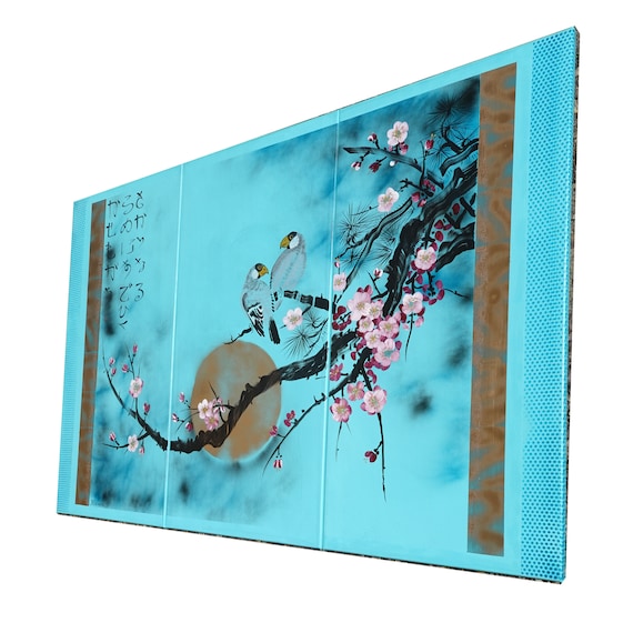 Japan art cherry blossom and love birds Japanese style painting J238 Large paintings acrylic paintings blue wall art by artist Ksavera