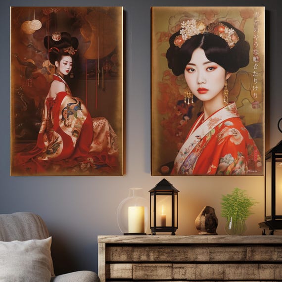 Japanese gold geisha DS0653 by artist Ksavera - set of 2 giclee prints on stretched canvas, black or gold edges. READY to HANG - diptych