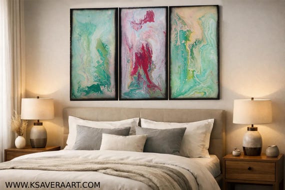 Green Fluid Triptych Painting A1117 Large Abstract Acrylic on Canvas by Ksavera
