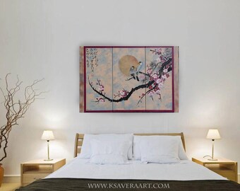Japanese painting sakura branch sun and birds Japan Hieroglyph original artwork in japanese style J181 wall art by artist Ksavera
