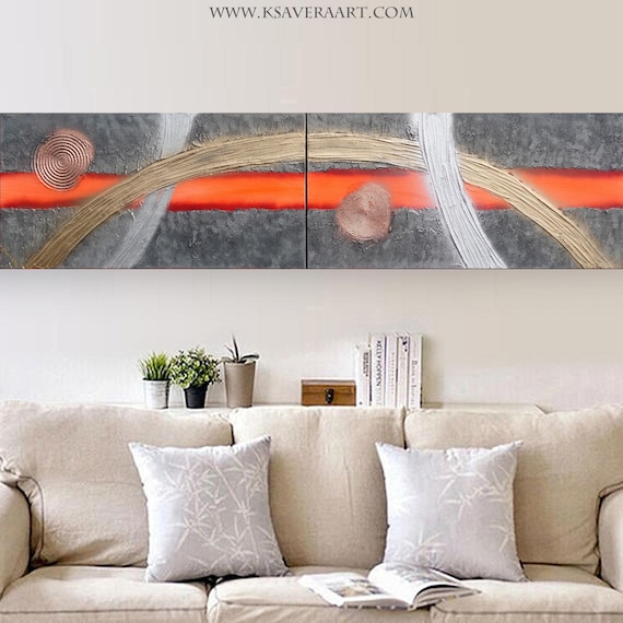 Stahl & hot orange long narrow abstract paintings A757 modern wall art for living room original textured paintings by artist Ksavera