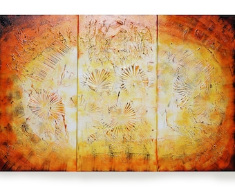 Fire Large textured paintings orange yellow black 100x150x2 cm abstract art by artist Ksavera