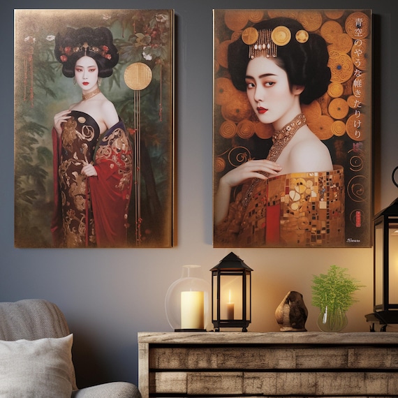 Japanese gold geisha DS0665 by artist Ksavera - set of 2 giclee prints on stretched canvas, black or gold edges. READY to HANG - diptych