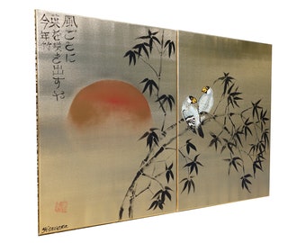 Gold Paintings J322 - Bamboo and Love Birds - Japanese Style