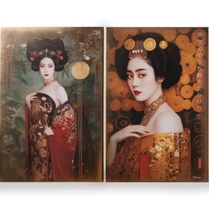 Japanese gold geisha DS0665 by artist Ksavera set of 2 giclee prints on stretched canvas, black or gold edges. READY to HANG diptych image 6