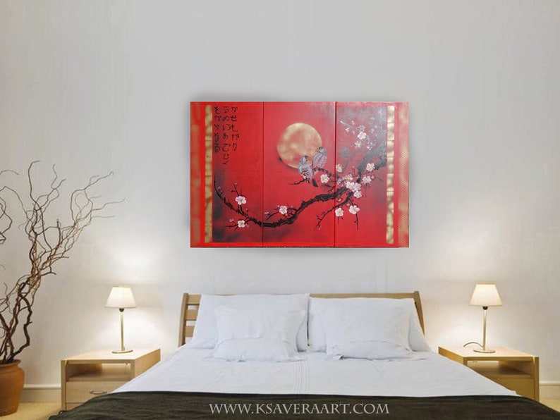 Rot Japan art cherry blossom and love birds Japanese style Zen painting J187 Large paintings acrylic gold wall art by artist Ksavera image 2