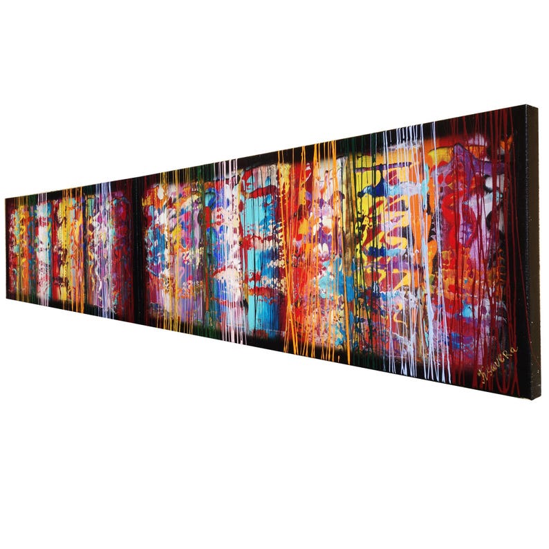 The image is a vibrant, abstract painting with a variety of colors and patterns. The painting features a long, horizontal arrangement of vertical lines and stripes, creating a dynamic and visually striking composition.