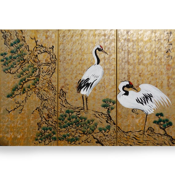 Japanese cranes  サムハラ Samuhara Japan art Japanese style painting J093 Large paintings art 100x150x2 cm gold wall art by artist Ksavera
